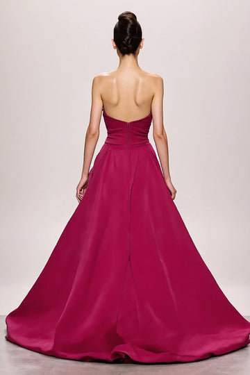 Fuchsia Satin A Line Ruched Sweetheart Long Formal Dress With Slit